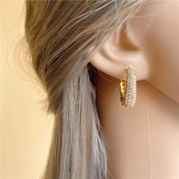 Huitan Luxury Elegant Gold Color Hoop Earrings for Women Paved Dazzling CZ Stone - Picture 3 of 4